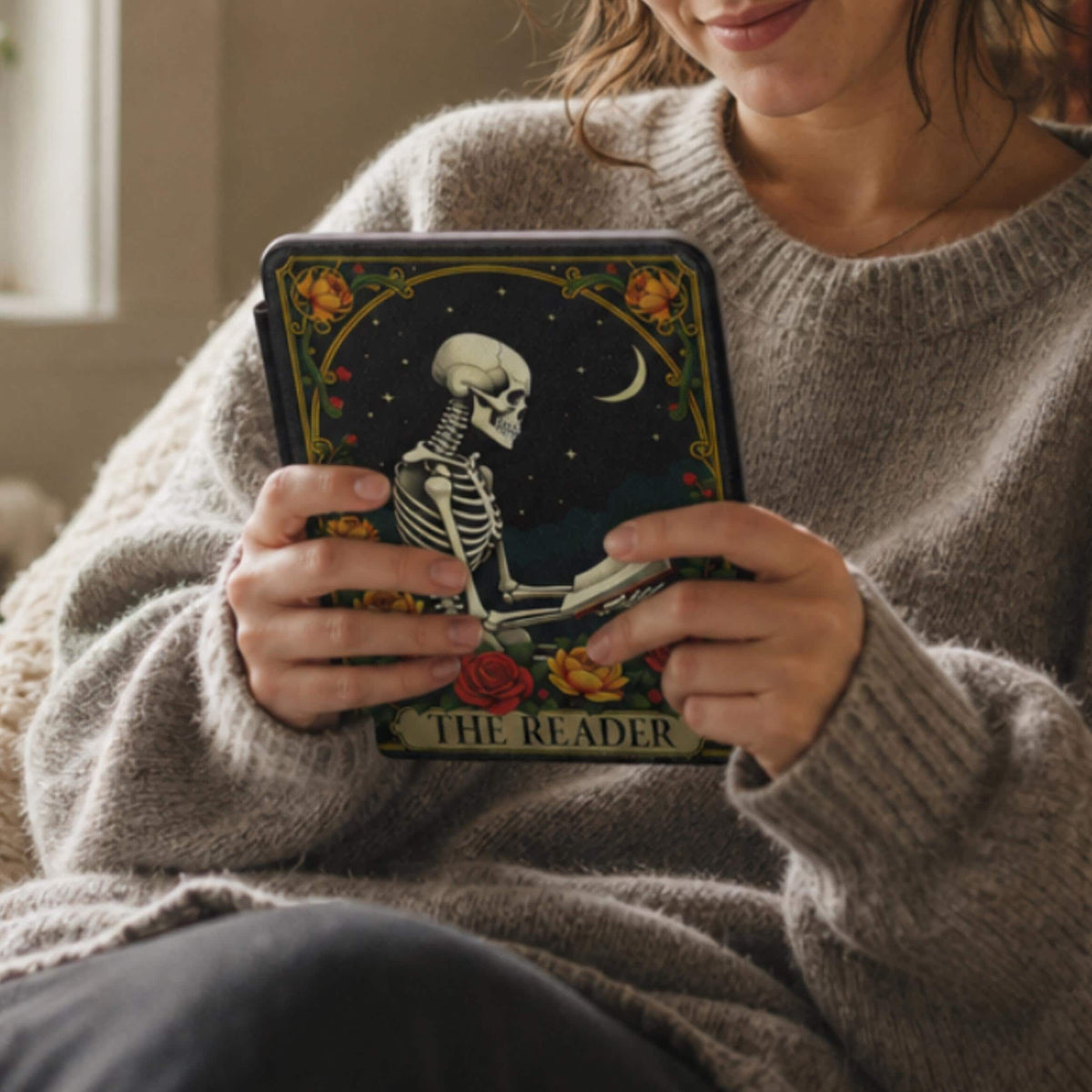 Literary Gift Kindle Case Gothic Skeleton Reader Design Dark Academia Style Book Lover Present Protective Leather Cover Magnetic Closure Hand Strap Functionality Kindle Paperwhite 7 Inch 2024 2025 Edition Compatible Skeleton Art Moon Rose
