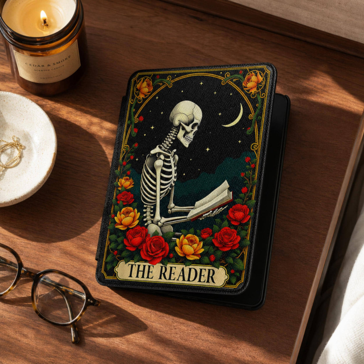 Book Lover Kindle Case Skeleton Art Gothic Reader Design Dark Academia Literary Accessory Protective Leather Cover Magnetic Closure Hand Strap Kindle Paperwhite 7 Inch 2024 2025 Colorsoft Signature Edition Vintage Reading Theme Moon Rose