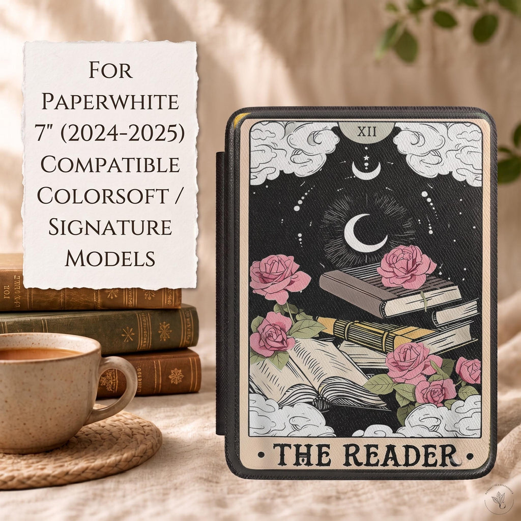 Kindle Paperwhite Case Tarot Card Reader Design Celestial Moon Pattern Witchy Book Lover Gift Mystical E-Reader Protection Literary Aesthetic Accessory Dark Academia Style Faux Leather Cover Magnetic Closure Case Perfect Reading Essential