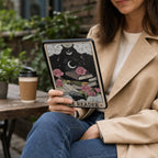Dark Academia Aesthetic Case Kindle Paperwhite Protection Tarot Card Reader Design Celestial Moon Pattern Witchy Literary Style Faux Leather Cover Magnetic Closure Feature Rose Imagery Details Book Lover Accessory Perfect Reading Gift