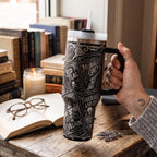Reader Gift Tumbler Book Lover Essential 40oz Insulated Cup Stainless Steel Construction Gothic Design Literary Theme Perfect Bookworm Present Double Wall Insulation Black Silver Pattern Skeleton Artwork Handle Straw Lid Book Club Accessory