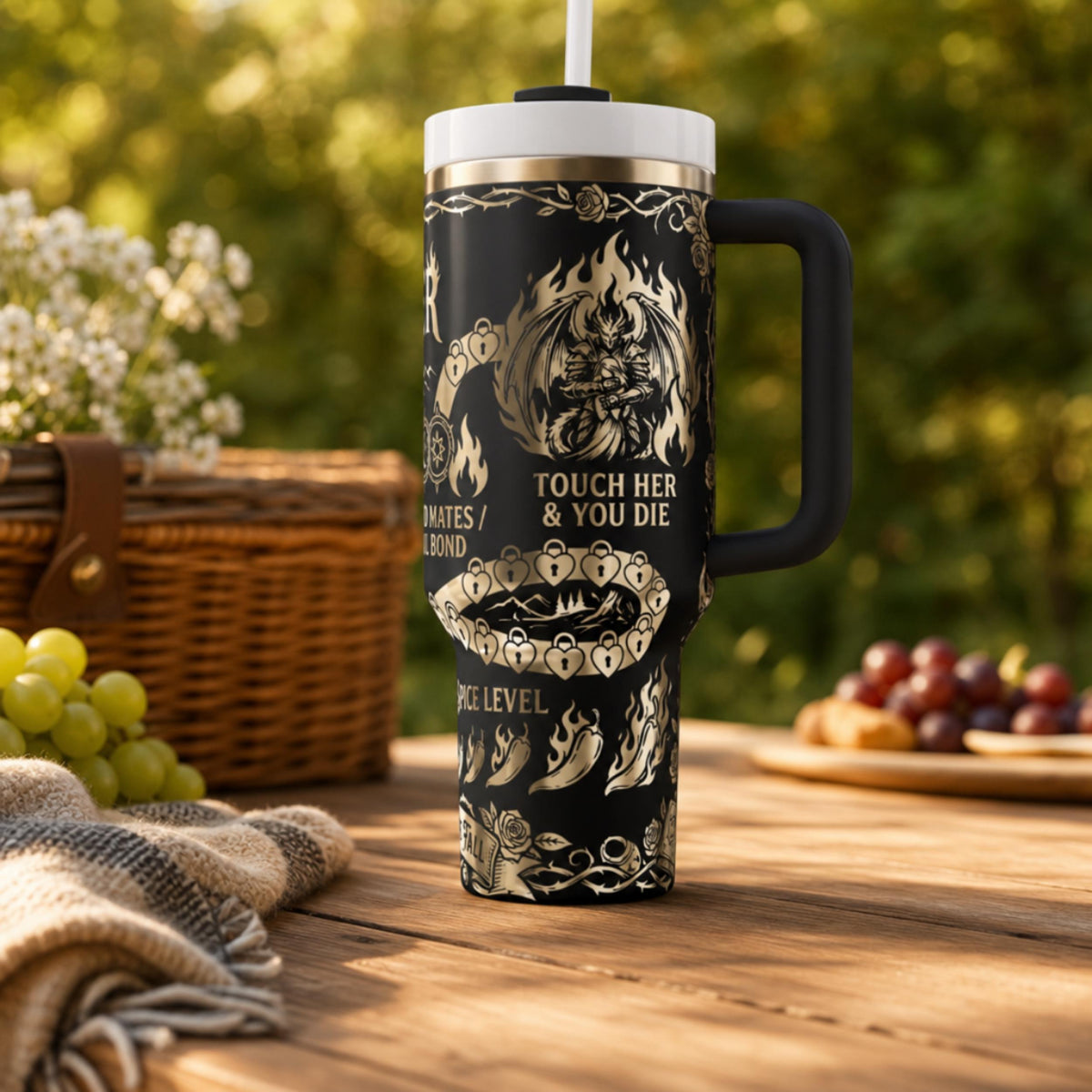 Bookish Tumbler 40oz Capacity Insulated Steel Construction Reader Lifestyle Accessory Enemies To Lovers Tropes Design Fated Mates Graphic Handle Straw Lid Fantasy Fiction Fan Gift Perfect Present Book Club Merchandise Gothic Aesthetic Daily