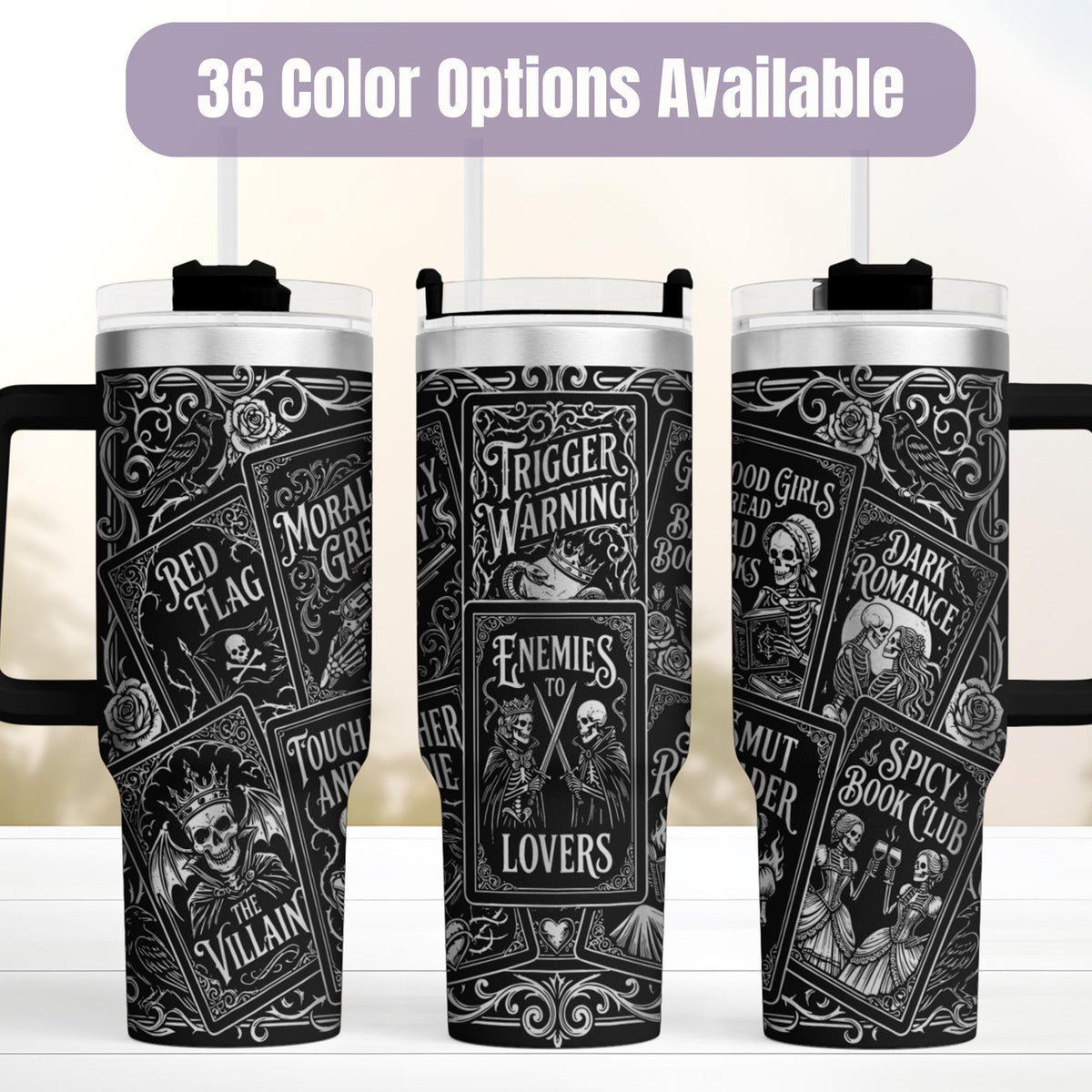 Book Lover Tumbler 40oz Insulated Stainless Steel Cup Gothic Design Literary Theme Perfect Reader Gift Bookworm Present Double Wall Construction Keeps Drinks Hot Cold Hours Skeleton Artwork Black Silver Pattern Handle Straw Lid Reading
