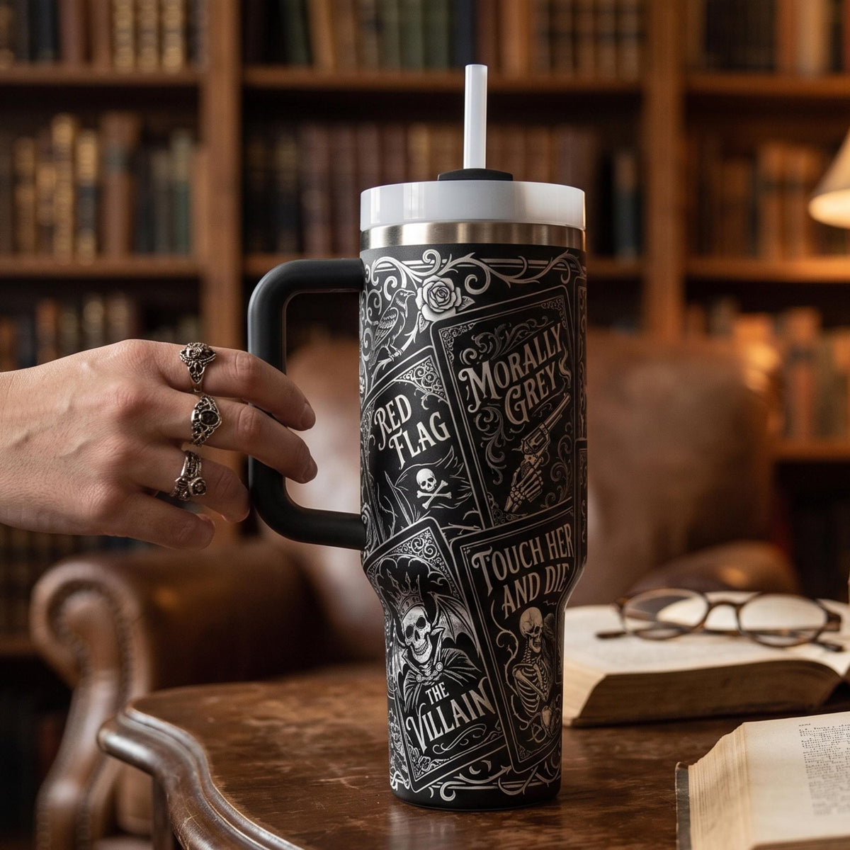 40oz Insulated Tumbler Book Lover Gift Stainless Steel Construction Double Wall Design Gothic Literary Pattern Perfect Reading Accessory Bookworm Essential Cup Handle Straw Lid Included Black Silver Skeleton Artwork Book Club Gift Powder