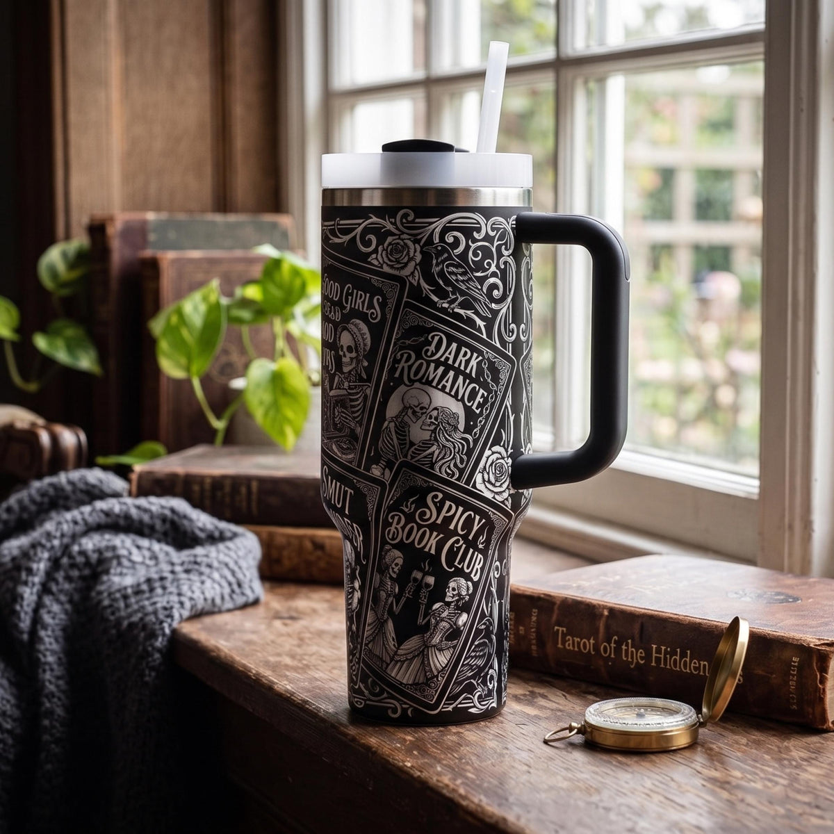 Stainless Steel Tumbler 40oz Insulated Cup Book Lover Gift Gothic Literary Design Perfect Bookworm Present Reader Accessory Double Wall Construction Handle Straw Lid Black Silver Pattern Skeleton Artwork Book Club Essential Powder Coated