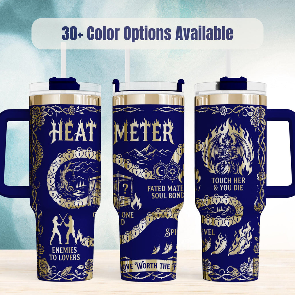 Book Lover Gift Tumbler 40oz Insulated Stainless Steel Cup Enemies To Lovers Design Fated Mates Tropes Heat Meter Graphic Gothic Fantasy Reader Drinkware Handle Straw Lid Perfect Present Literary Merchandise Bookish Accessory Daily