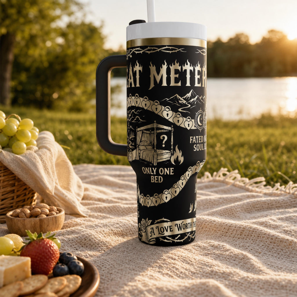 40oz Insulated Tumbler Stainless Steel Construction Double Wall Temperature Control Handle Straw Lid Book Reader Gift Fantasy Themed Drinkware Enemies To Lovers Design Literary Tropes Graphic Gothic Aesthetic Perfect Bookish Merchandise